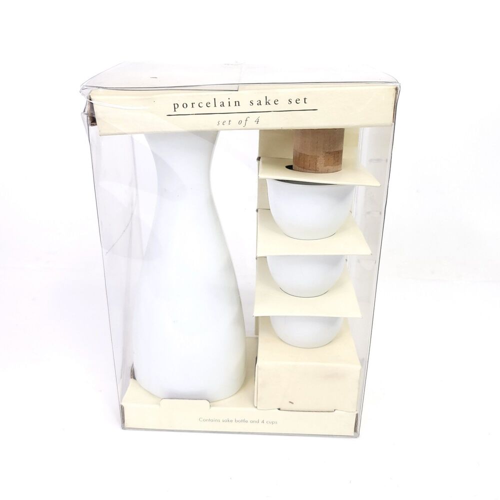 Pier 1 Sake Set Vintage White Cups Decanter Bottle 4 Piece Porcelain Carafe